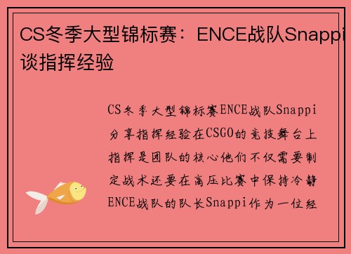 CS冬季大型锦标赛：ENCE战队Snappi谈指挥经验