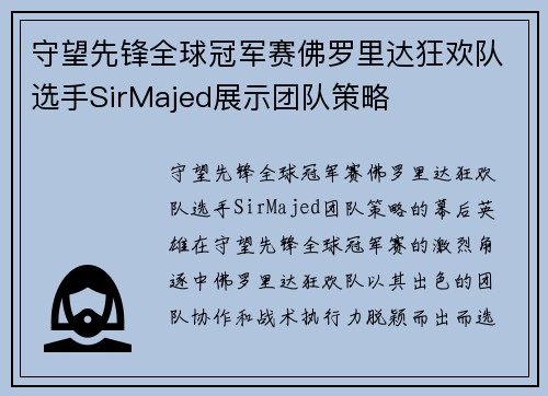 守望先锋全球冠军赛佛罗里达狂欢队选手SirMajed展示团队策略