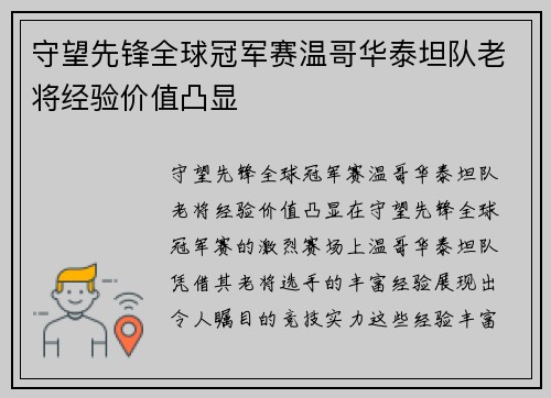 守望先锋全球冠军赛温哥华泰坦队老将经验价值凸显